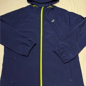 Asics Men's Blue Windbreaker with Bright Yellow Zipper running size L